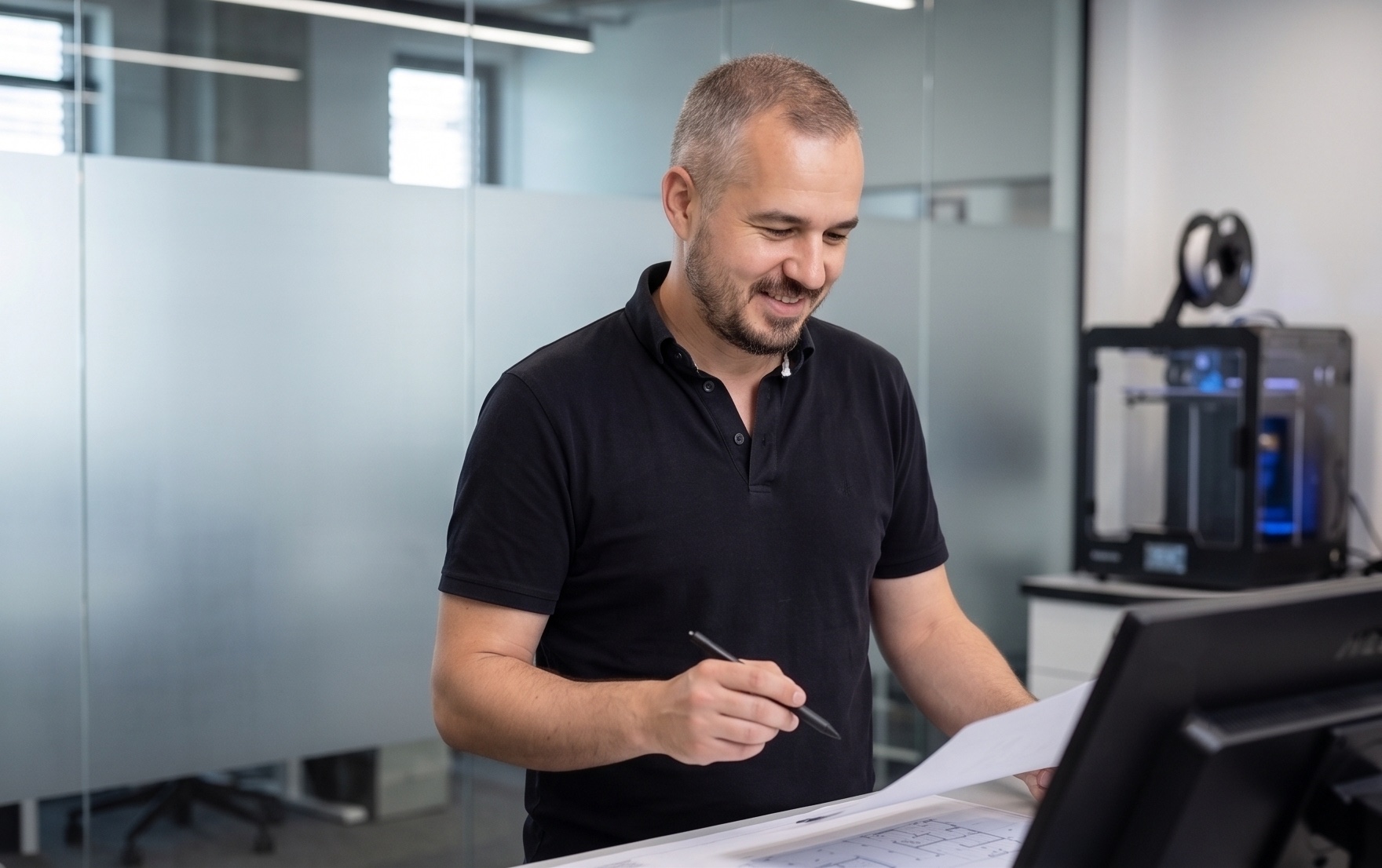 Cyrill Pape prüft mit einem Stift in der Hand einen Plan an einem Arbeitsplatz im Studio